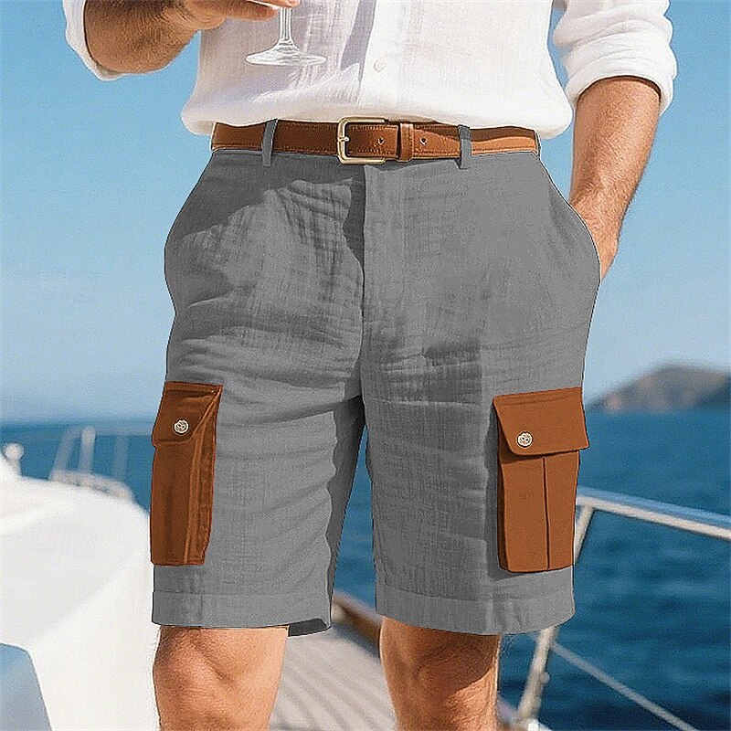 Men's Shorts Linen Shorts Summer Shorts Beach Shorts Multi Pocket Flap Pocket Color Block Comfort Breathable Short Vacation Holiday Beach Hawaiian Boho Green Khaki2
