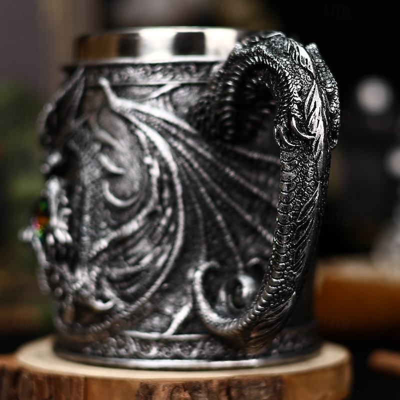 Medieval Dragon Beer Mug,Oktoberfest Gift Mug 3D Embossed Stainless Steel Coffee Cup,Oktoberfest Gift for Men Retro Tea Tankard, High Aesthetic Water Mug2