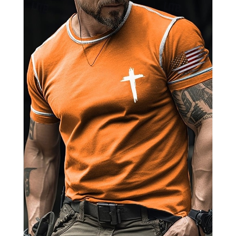 Men's T Shirt Tee Short Sleeve Shirt Tee Top Short Sleeve Crew Neck Summer American US Flag Cross Fashion Designer Basic Print Vacation Street Going out Black Red Orange Top Tee for Men3