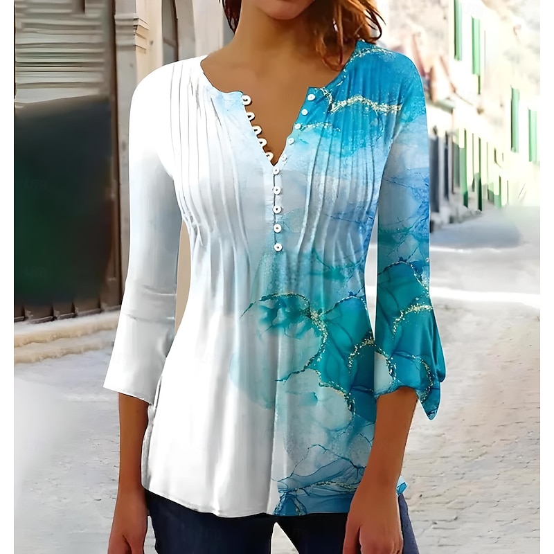Women's Blouse V Neck Ombre Graphic Abstract Elegant Vintage Tropical 3/4 Length Sleeve Regular Tops Daily Going out Buttons Black Blue Summer Spring Fall
