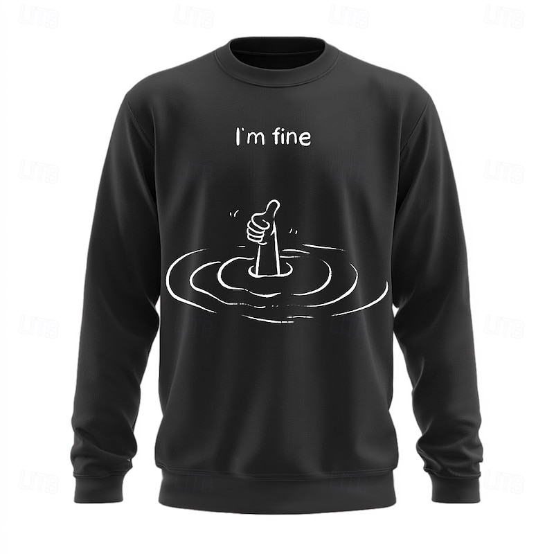 Mens Red Crew Neck Sweatshirt with Funny Drowning Thumbs Up 'I'm Fine' Graphic2