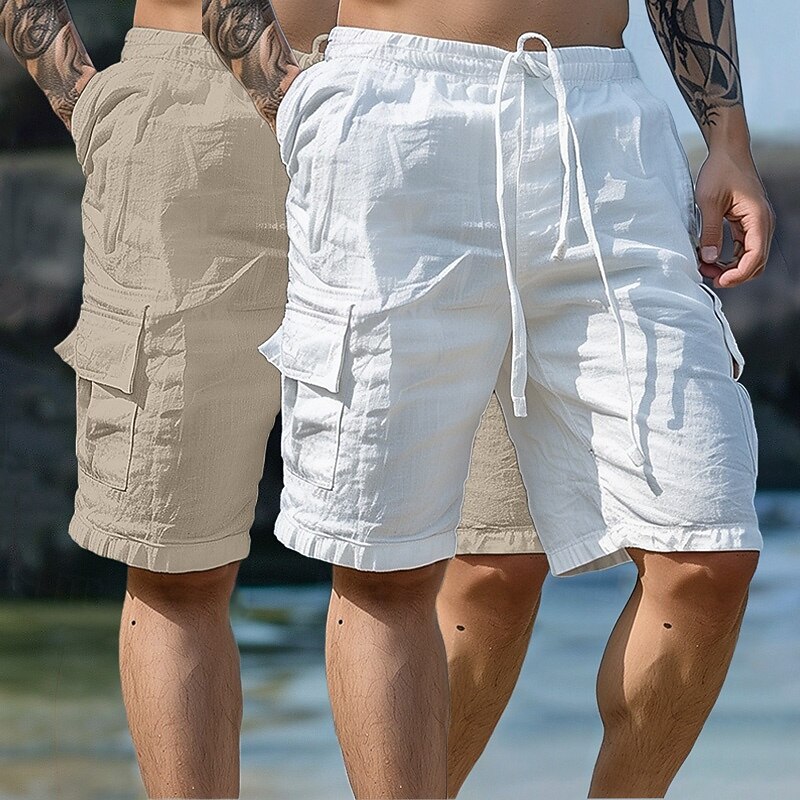 Men's Shorts Linen Shorts Summer Shorts Beach Shorts Drawstring Elastic Waist Multi Pocket Plain Knee Length Outdoor Holiday Beach Vacation Hawaiian White+Sky Blue White+khaki Inelastic2