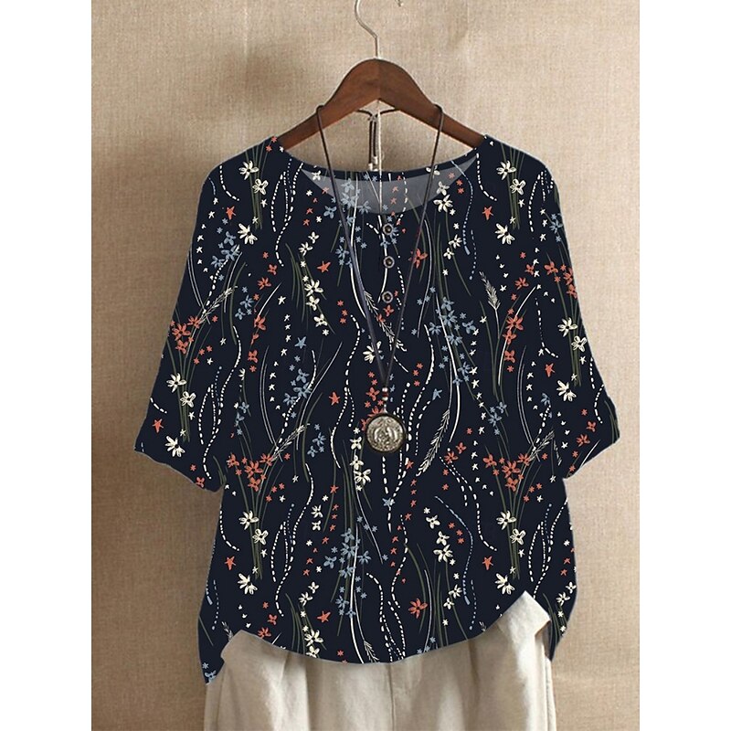 Women's  Shirts Floral Striped Basic Casual Half Sleeve Crew Neck Regular Tops Daily Print Black White Blue Sky Blue Green Summer4