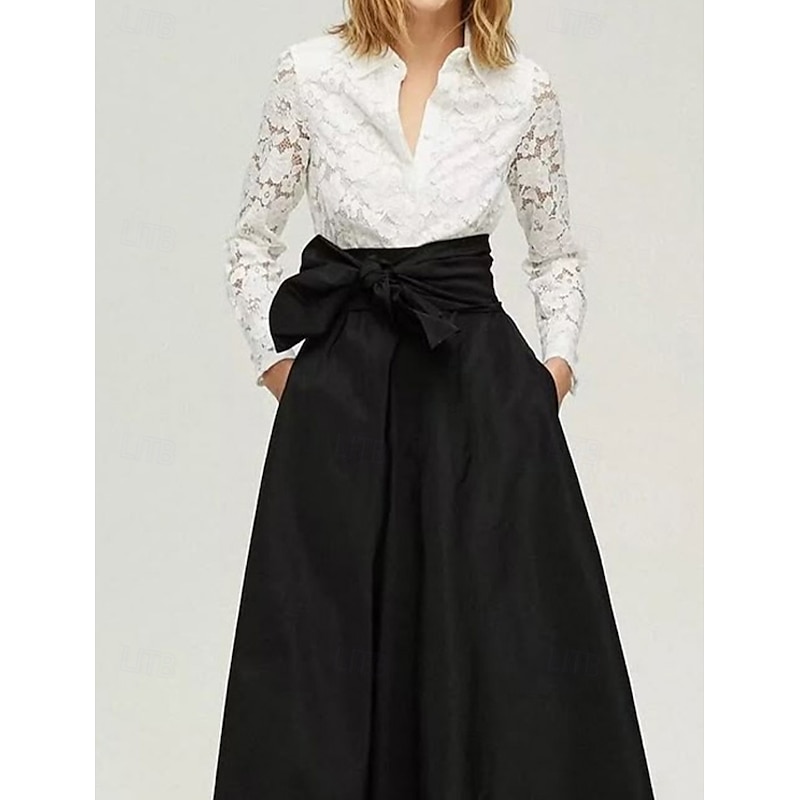 Black and White Formal Dress A-Line Mother of the Bride Shirt Dress Elegant Simple Minimalist Shirt Collar Floor Length Stretch Lace Tafetta Long Sleeve with Bow(s)2