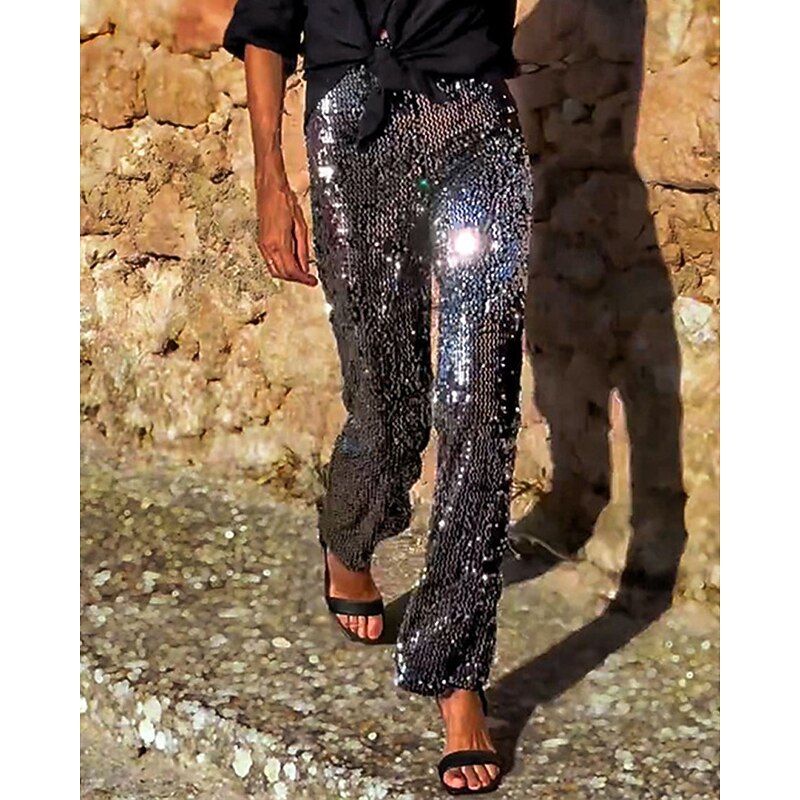 Women's Flared Pants Pants Trousers Fashion Streetwear Full Length High Waist Solid Color Sequins Elastic Waist Breathability Comfortable Micro-elastic Party Going out Black Summer Regular Fit