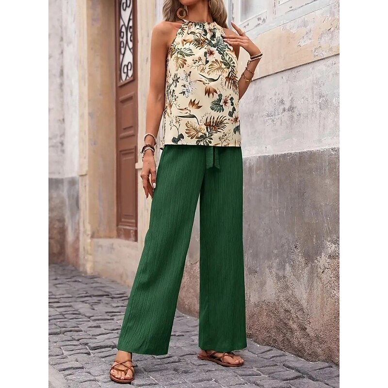 Women's Fashion Streetwear Daily Pants Sets Sleeveless Halter Neck Floral Print Casual Daily Navy Blue Royal Blue Blue Summer Regular Fit3