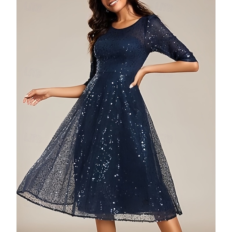 A-Line Wedding Guest Dresses Elegant Dress Wedding Guest Homecoming Knee Length Half Sleeve Crew Neck Sequined with Pleats Sequin3