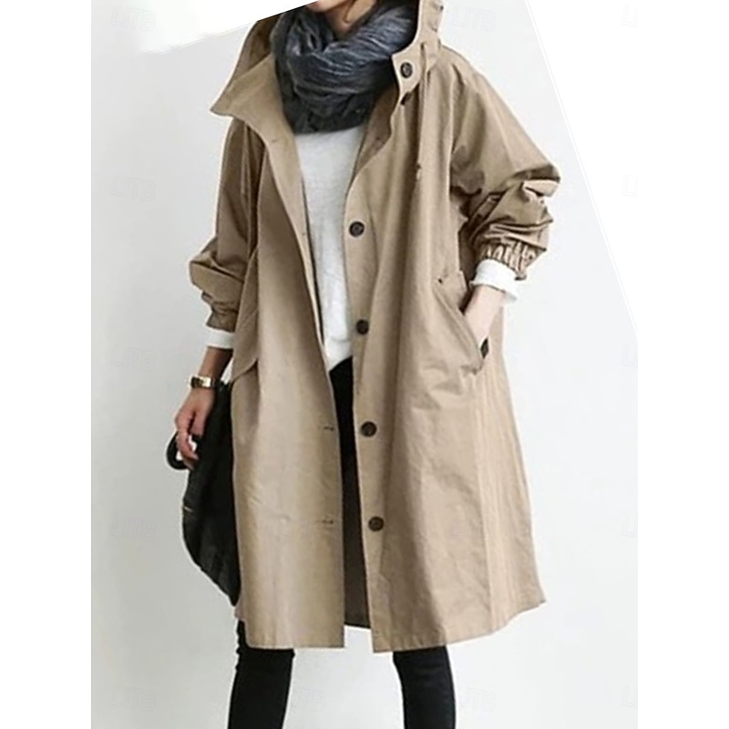 Women's Trench Coat Comfortable Breathable Buttons Casual Solid Color Vacation Street Casual Daily Wear Single Breasted Long Hooded Regular Fit Long Sleeve Outerwear Light Blue Red Khaki Spring Fall
