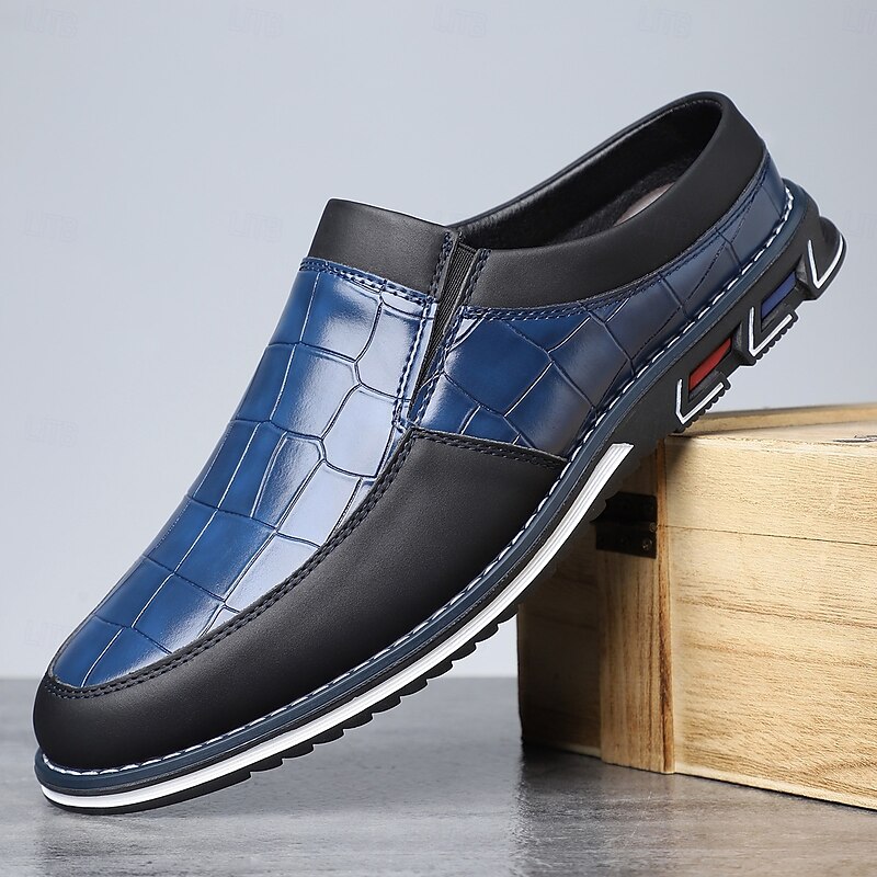 Men's Blue and Black Casual Slip-On Shoes – Crocodile Pattern Upper with Contrast Sole, Modern Lightweight Shoes for Travel, Business Casual and Daily Wear