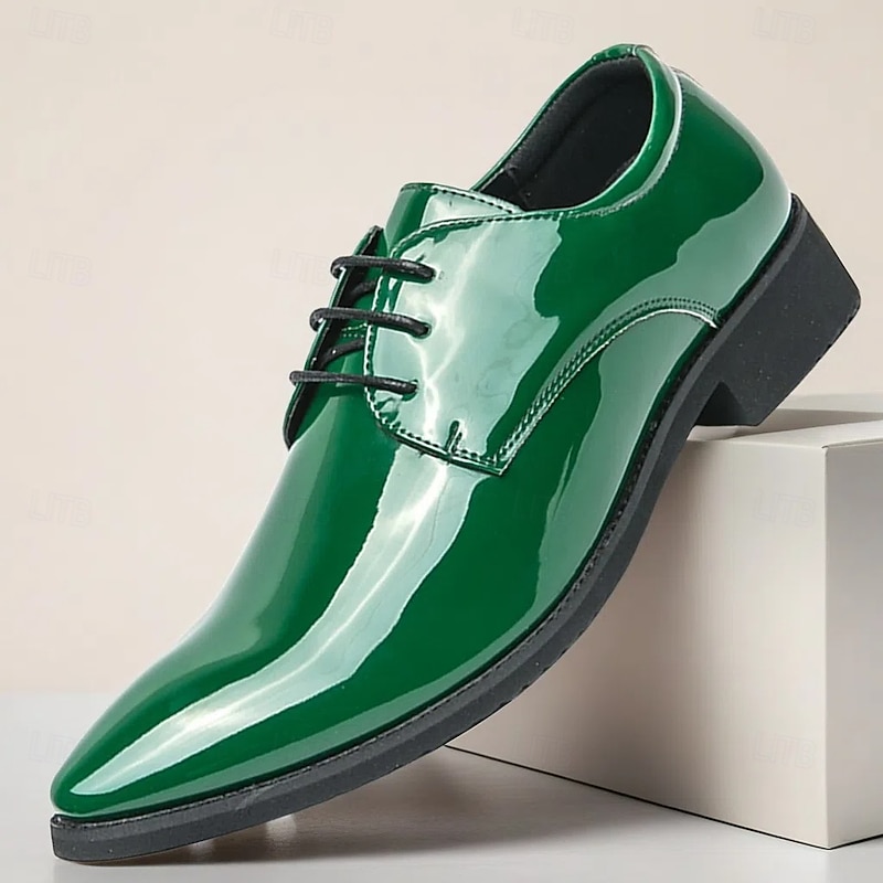 Green Patent Leather Lace-Up Shoes for Men – Glossy Formal Shoes with a Polished Finish, Ideal for Weddings and Evening Celebrations