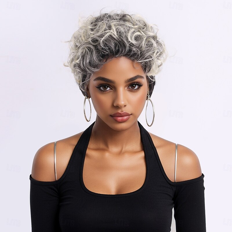 Synthetic Wig Curly Afro Bob With Bangs Machine Made Wig 10 inch A1 Synthetic Hair Women's Classic Comfortable Color Gradient Multi-color3