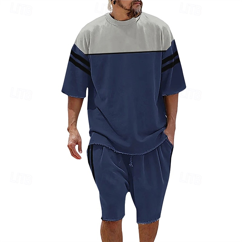 Men's T-shirt Suits 2 Pieces Outfits Tee & Shorts Short Sleeve Crew Neck Summer Color Block Fashion Casual 2 Piece Vacation Daily Wear Going out Black Blue Green Top Tee for Men3