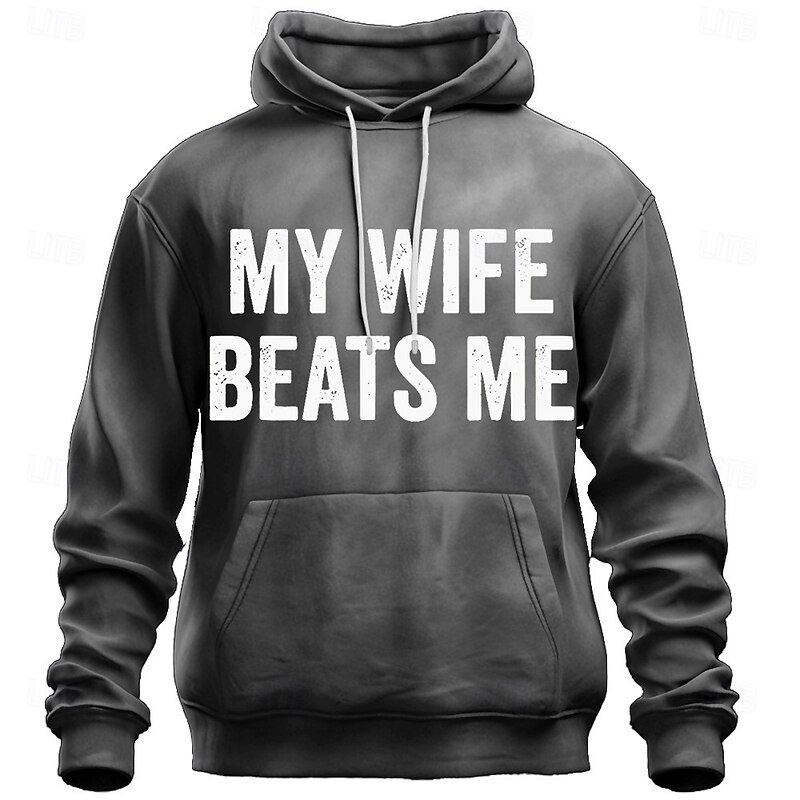 Men's Funny 'My Wife Beats Me' Graphic Hoodie, Humorous Marriage Relationship Pullover, Novelty Husband Gift4