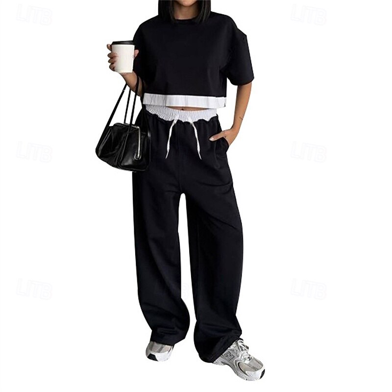 Women's Tracksuit Wide Leg Pants Pullover Sweatshirt Drawstring Pocket Solid Colored Clothing Suit Fall Black Pink Gym Workout Sports Windproof Long Sleeve Sport Activewear Micro-elastic Regular Fit2