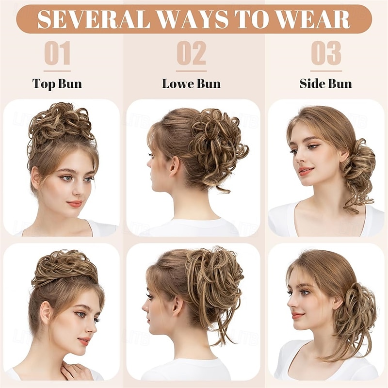 2PCS Messy Bun Hair Pieces for Women Detachable Claw Clip Wavy Curly Synthetic Hairpieces for Updos with Tendrils Fake Scrunchies Ponytail Extension Sunny Blonde4