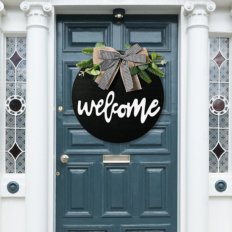 Welcome Sign Front for Door Decoration, Round Wood Wreaths Wall Hanging Outdoor, Farmhouse, Porch, for Spring Summer Fall All Seasons Holiday Christmas4
