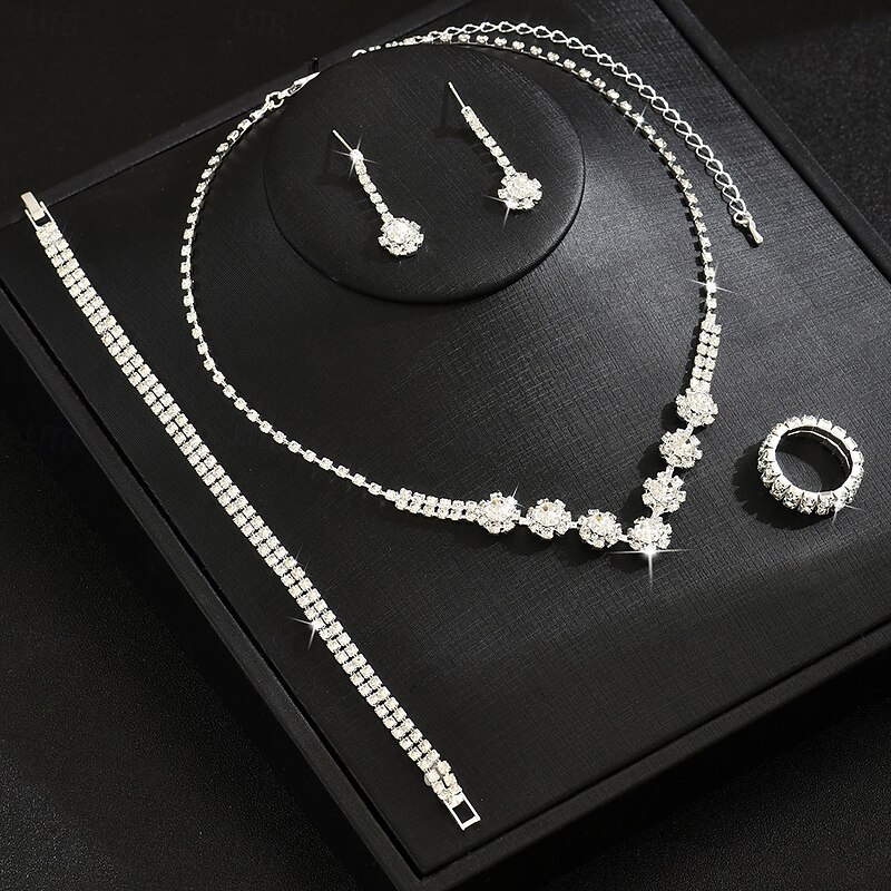 Bridal Jewelry Sets Four-piece Suit Zircon Rings 1 Necklace 1 Bracelet Earrings Women's Elegant Vintage Personalized Lovely Classic Love Precious Jewelry Set For Wedding Work Birthday2