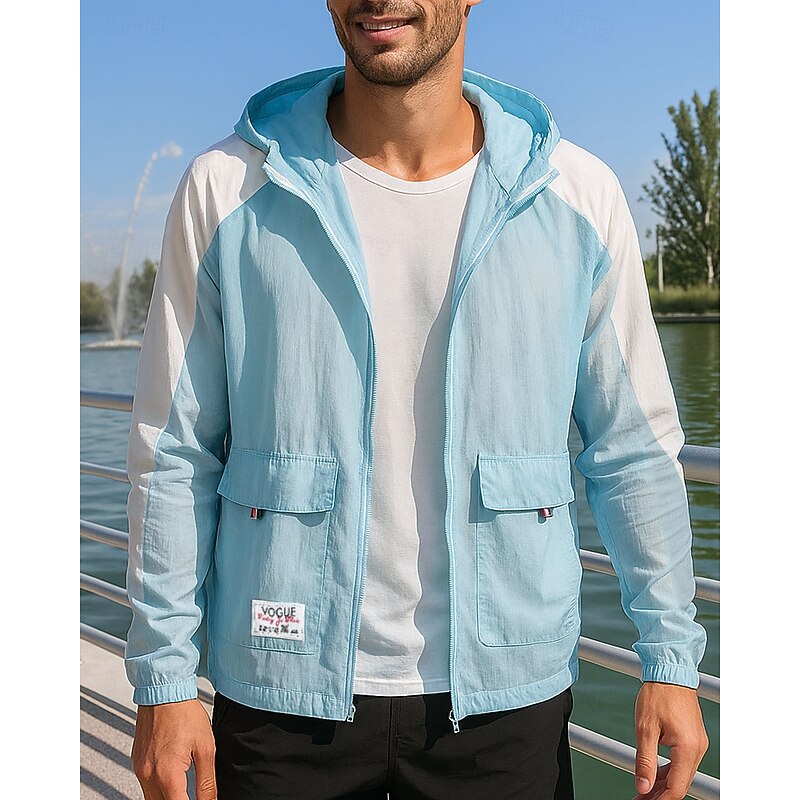Men's Running Jacket Outdoor Jacket Pocket Full Zip Long Sleeve Outerwear Athletic Color Block Sun Protection Lightweight Breathable Tennis Golf Running Sportswear Activewear Sky Blue Light Grey