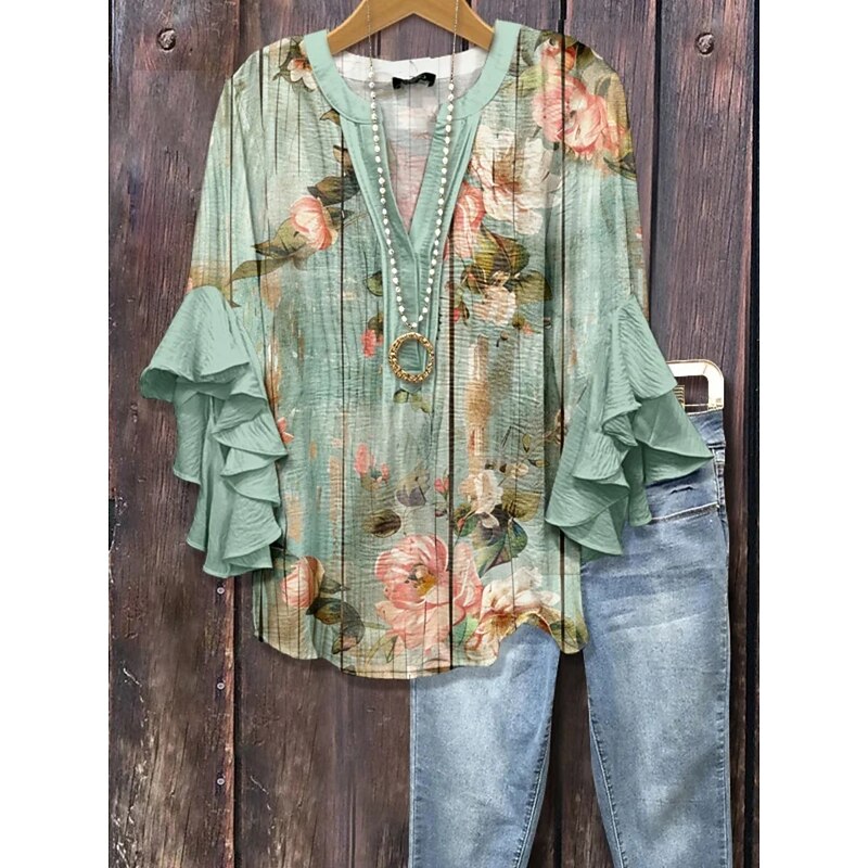 Women's Shirt Floral Stylish Modern 3/4 Length Sleeve V Neck Regular Tops Daily Holiday Ruffle Print Light Green Pink Blue Green Summer4