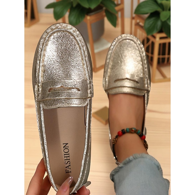 Women's Metallic Gold Penny Loafers, Soft Slip-On Casual Flats with Textured Faux Leather for Stylish Outfits and Daily Dates4
