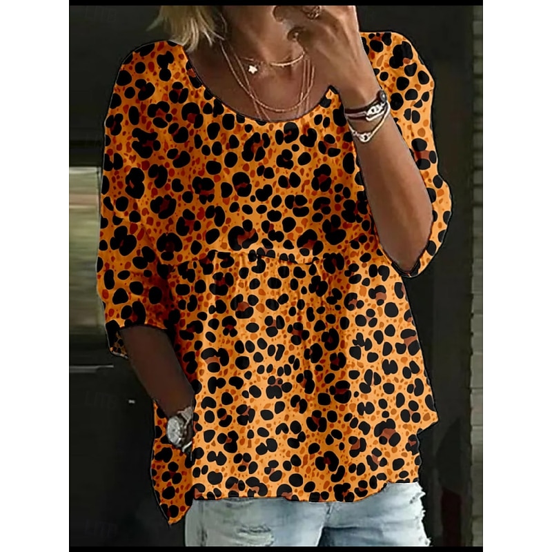 Women's Blouse Leopard Stylish 3/4 Length Sleeve Crew Neck Regular Tops Daily Holiday Print White Yellow Orange Brown Beige Summer