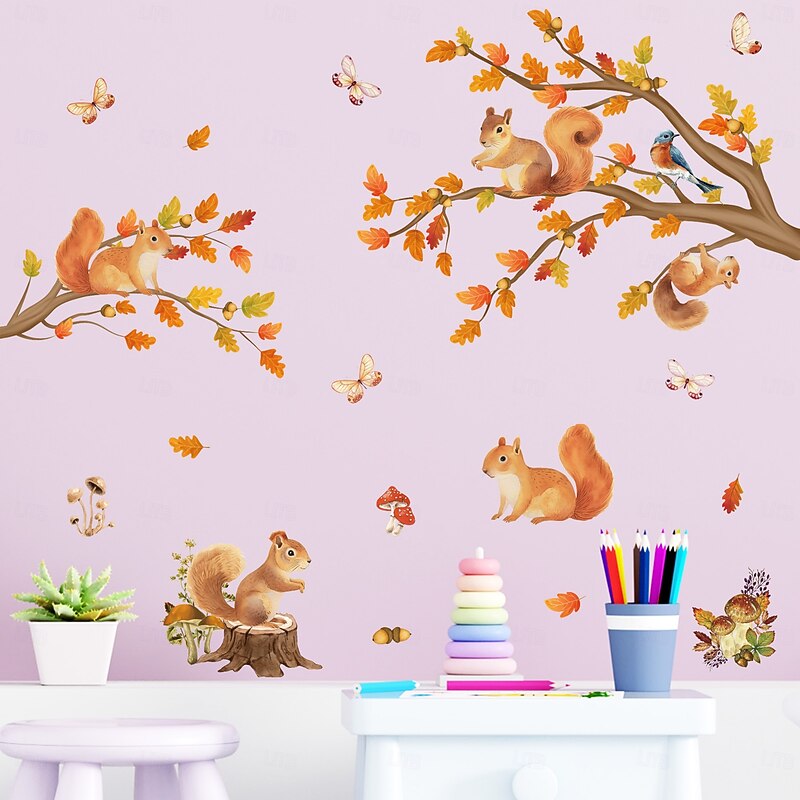 Fall Wall Decal Stickers Autumn Thanksgiving Decoration, Removable Squirrel, Bird and Tree Branch Wall Stickers for Kids Room, Study, and Home Background Decor