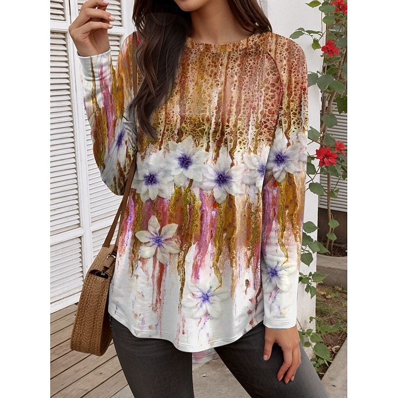 Women's T Shirt Floral Graphic Plants Vintage Fashion Stylish Long Sleeve Crew Neck Regular Tops Daily Weekend Print Purple Orange Green Spring Fall4