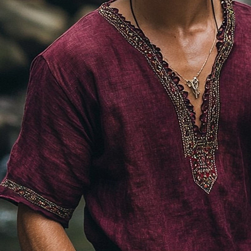 Men's Linen Shirt Summer Shirt Vintage Shirt Short Sleeve Shirt Ethnic Shirt Patchwork Vacation Street Fuchsia Short Sleeve V Neck Summer Clothing Apparel Ethnic2