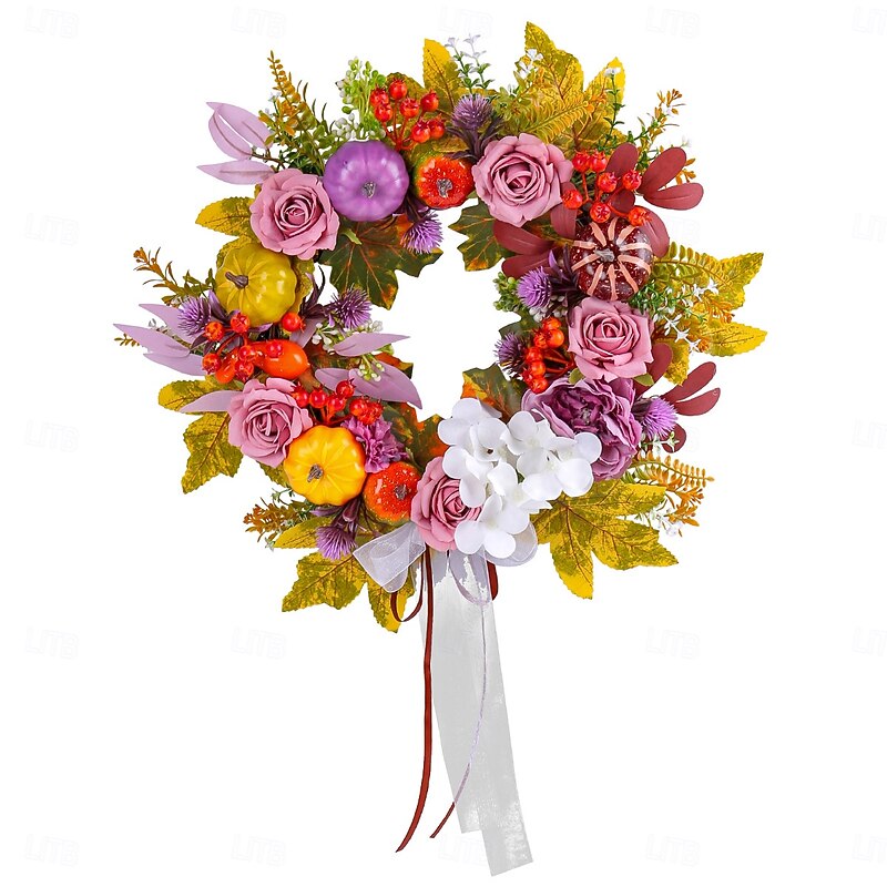 Fall Wreath for Front Door Thanksgiving Autumn Harvest Indoor Outdoor Decoration, Rose and Pumpkin Grapevine Wreath Rustic Farmhouse Porch Sign Hanging4