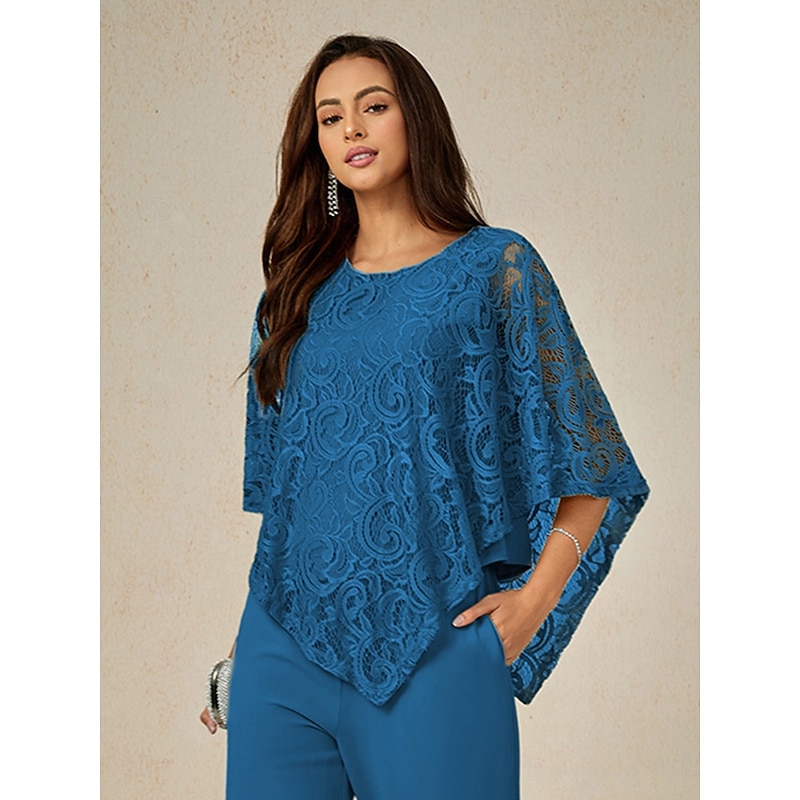 Women's Blouse Dressy Tops Elegant Half Sleeve Crew Neck Wedding Guest Daily Lace Patchwork Layered Blue Summer Spring Fall