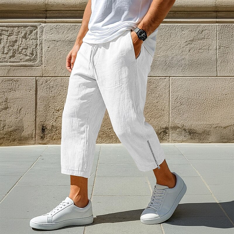 Men's Linen Pants Trousers Summer Pants Baggy Pants Beach Pants Zipper Elastic Waist Drawstring Plain Comfort Breathable Ankle-Length Casual Daily Holiday Vacation Fashion Black White Inelastic4