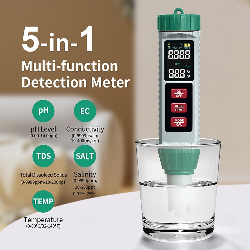 5-in-1 Digital Water Quality Tester High Precision Ph Tds Ec Salinity Temperature Measurement With Led Display Easy To Clean For Fish Tanks And Ponds