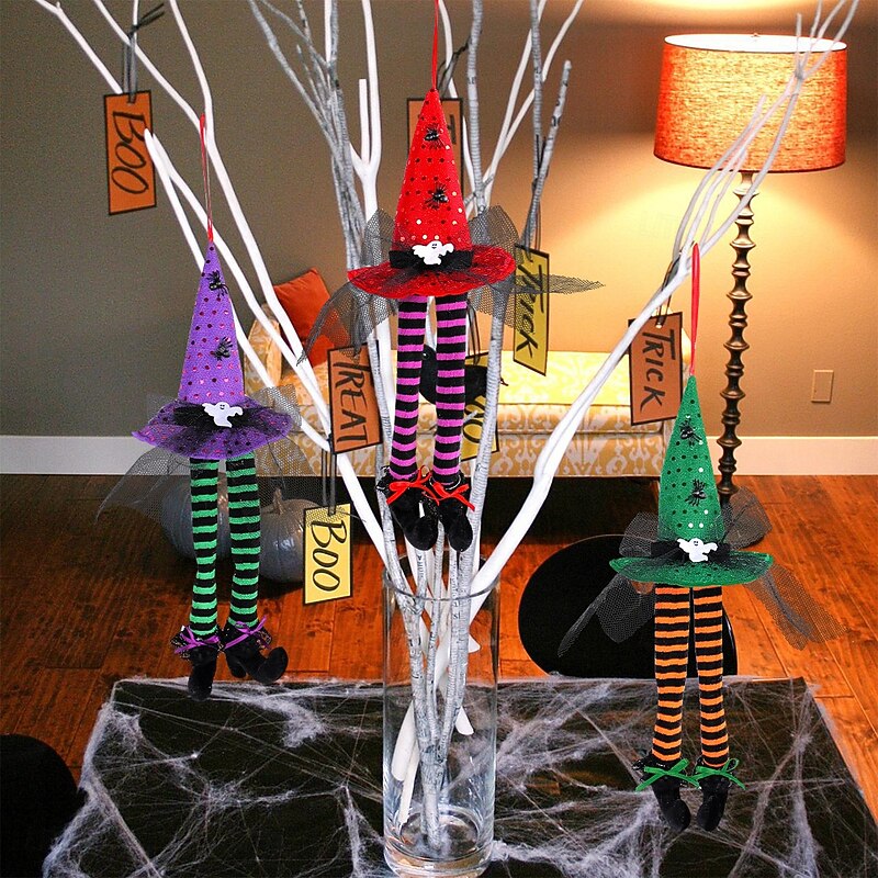 Halloween Witch Hanging Decoration, Striped Long Legs Window Display Prop, Spooky Bar Party Atmosphere Decor2