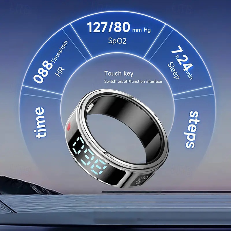 Stainless Steel Smart Ring with Digital Display - Pedometer Sleep and Swim Tracker Wireless Function IP68 Water Resistant Stylish Unisex Design Compact and Stylish Gift for Men and Women