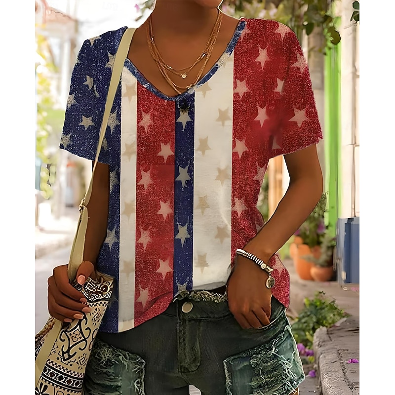 Women's Patriotic  T Shirt Graphic American Flag Vintage Stylish Classic Short Sleeve V Neck Regular Tops Daily Weekend Print Blue Summer Spring4