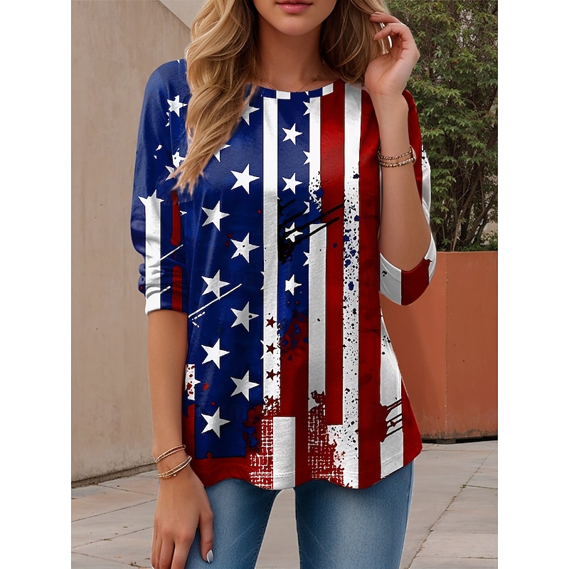 Women's Patriotic T Shirt Graphic American Flag Vintage Stylish Casual  Regular Tops Daily Weekend Print Red Blue Dusty Blue Summer