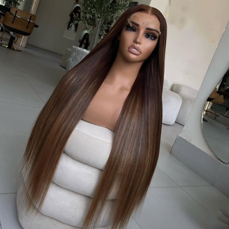 Remy Human Hair 5x5 Closure 13x4 Lace Front Wig Free Part Brazilian Hair Straight Brown Auburn Wig 130% 150% Density with Baby Hair Highlighted / Balayage Hair 100% Virgin Glueless Pre-Plucked For3
