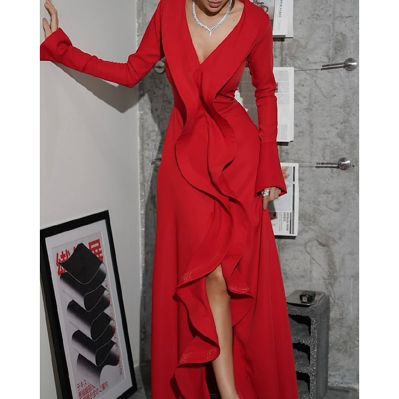 Mermaid / Trumpet Evening Gown Elegant Dress Formal Wedding Floor Length Long Sleeve V Neck Stretch Crepe with Ruffles2