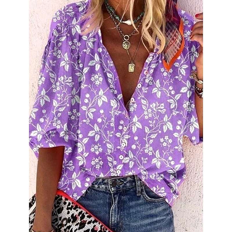 Women's Summer Tops Floral Graphic Bohemia Vintage Daily 3/4 Length Sleeve V Neck Regular Tops Daily Beach Wear Vacation Wear Print Blue Purple Khaki Summer Spring Fall2