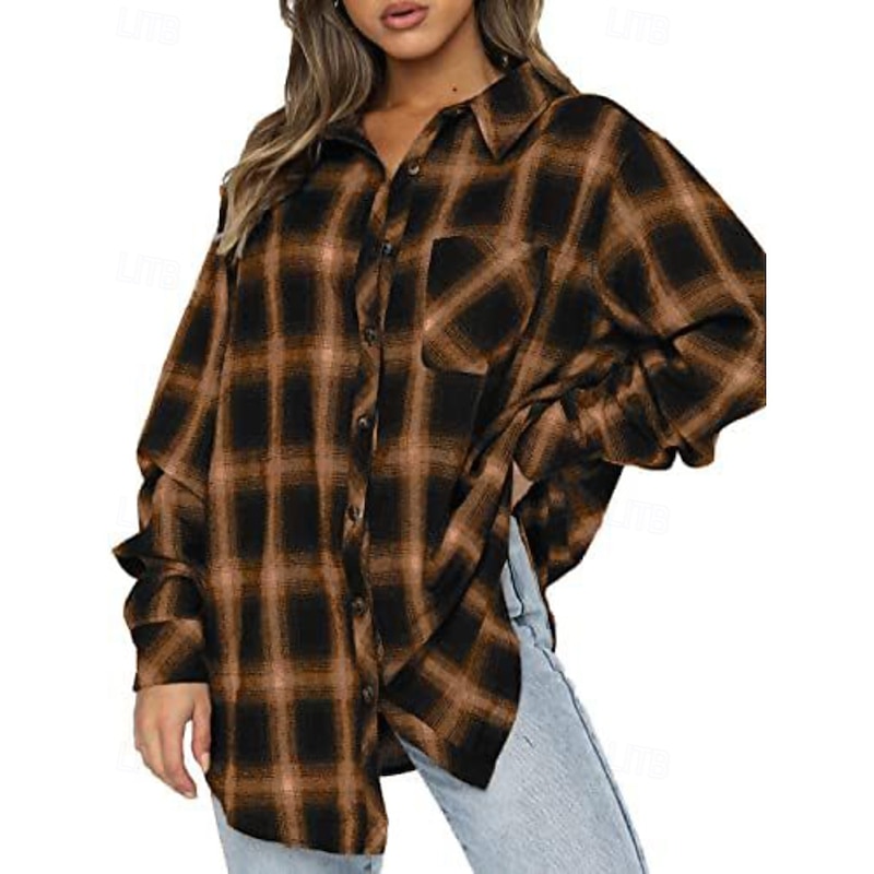 Women's Shirt Blouse Plaid Modern Casual Long Sleeve Shirt Collar Regular Tops Holiday Going out Buttons Print Black White Pink Light Brown Brown Fall3
