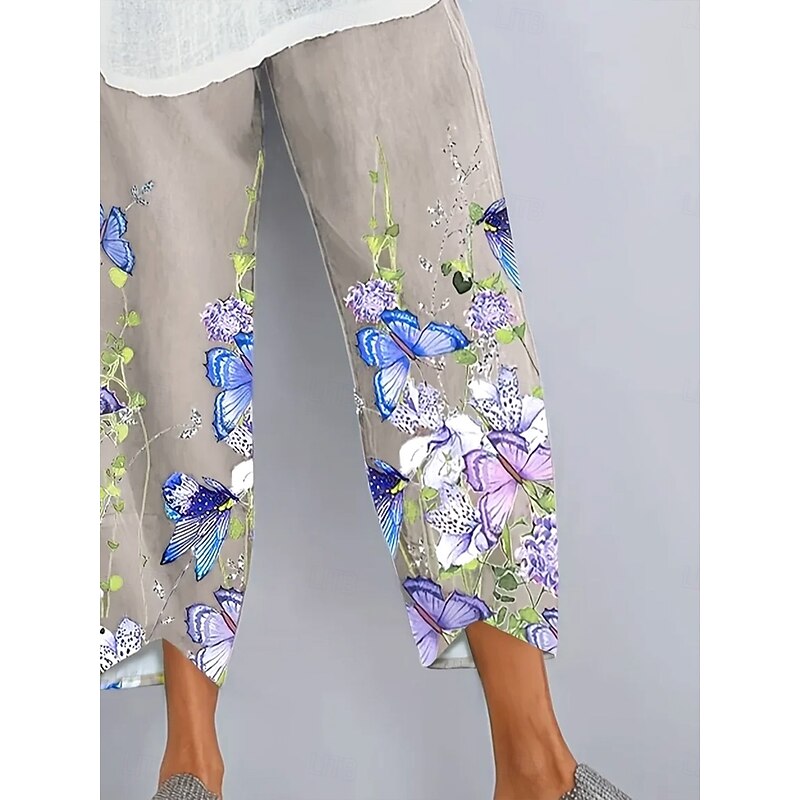 Women's Chinos Baggy Pants Vacation Vintage Ethnic Style Full Length High Waist Floral Graphic Butterfly Drawstring Patchwork Printing Breathable Micro-elastic Vacation Street Causal Gray Green Light3