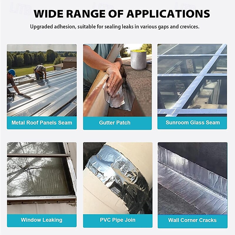 Aluminum Butyl Tape, 2 Inch x 16.5 Feet (5cm x 500cm) Waterproof Leak Sealing Tape for Metal Roof Flashing, RV Roof, Window, Gutter Leak Repair2