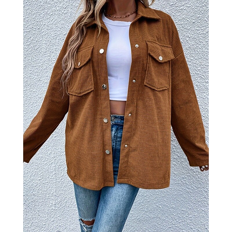 Women's Casual Jacket Comfortable Pocket Buttons Outdoor Casual Plain Going out Casual Daily Weekend Single Breasted Regular Turndown Regular Fit Long Sleeve Outerwear Brown Fall Winter3