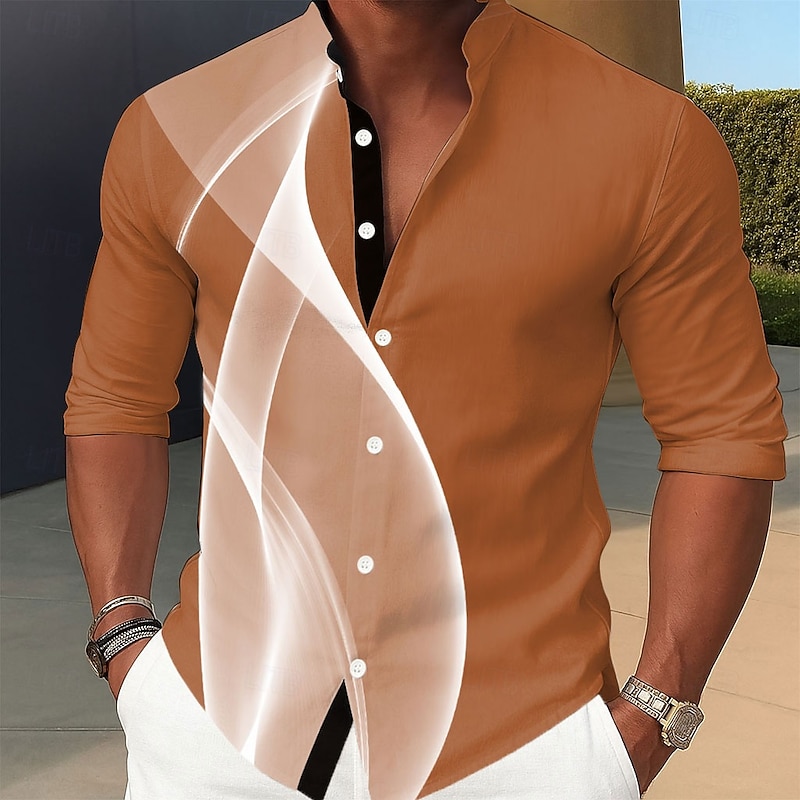 Men's Geometric Gradient Line Shirt Stand Collar Shirt Casual Dress Shirt Long Sleeve Business Casual Vacation Home Daily Summer Spring Mandarin Collar Band Collar 3D Print Button Up Shirts Black4