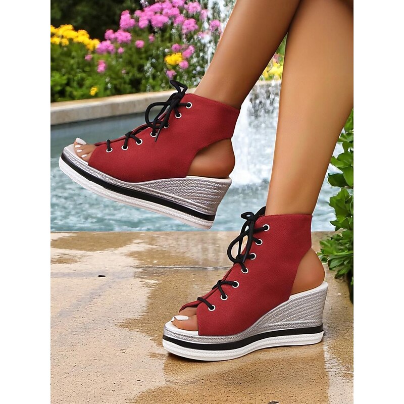 Women's Lace-Up Denim Wedge Sandals, Fashion Peep-Toe Summer Shoes, Perfect for Poolside, Brunch Outings and Seaside Cafés