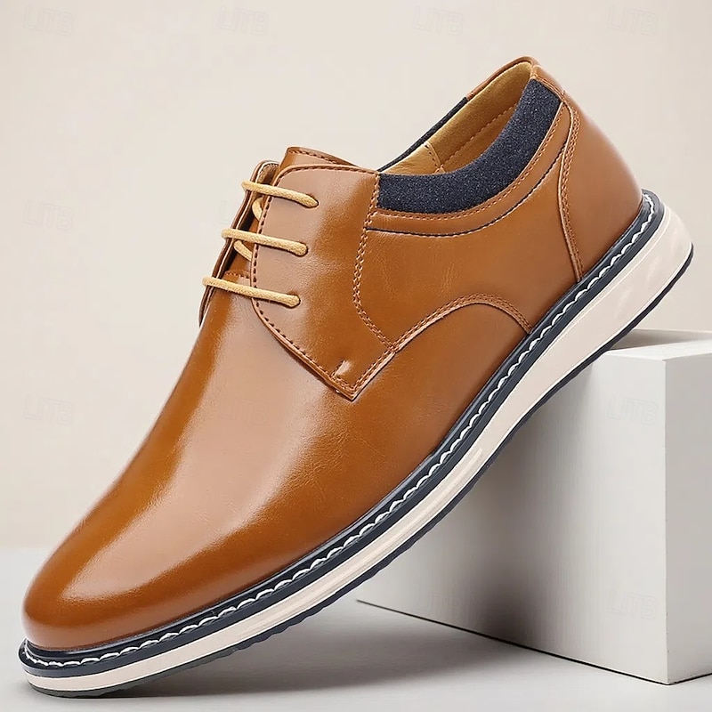 Men's Glossy Tan Faux Leather Oxford Shoes – Sleek Lace-Up Footwear for Office, Business Meetings & Semi-Formal Events