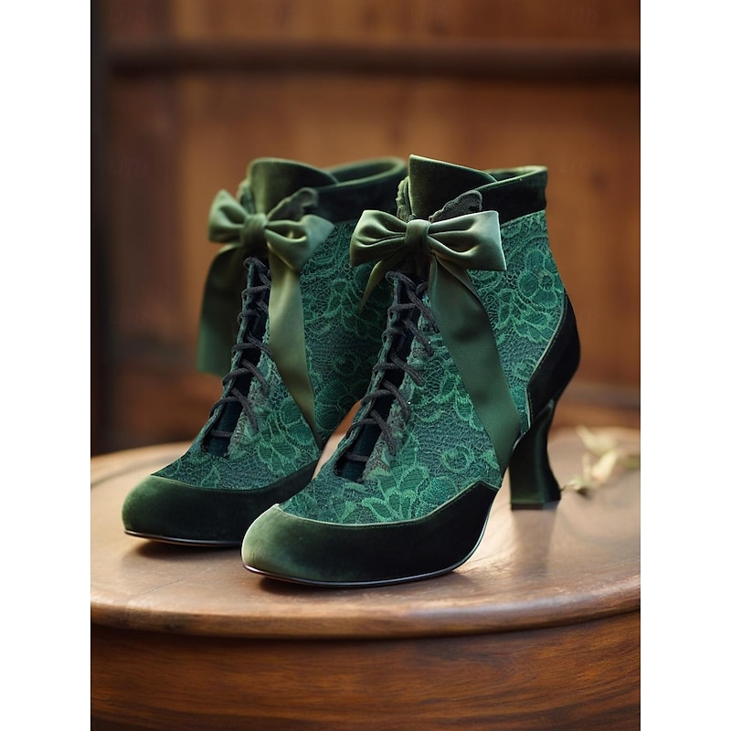 Women's Victorian Green Lace Ankle Boots with Ribbon Ties - Perfect for Vintage Themed Events and Costume Parties