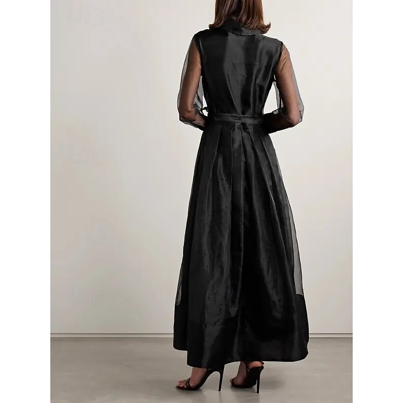 A-Line Shirt Dress Mother of the Bride Dress Elegant Simple Minimalist Shirt Collar Floor Length Organza Long Sleeve with Sash / Ribbon2