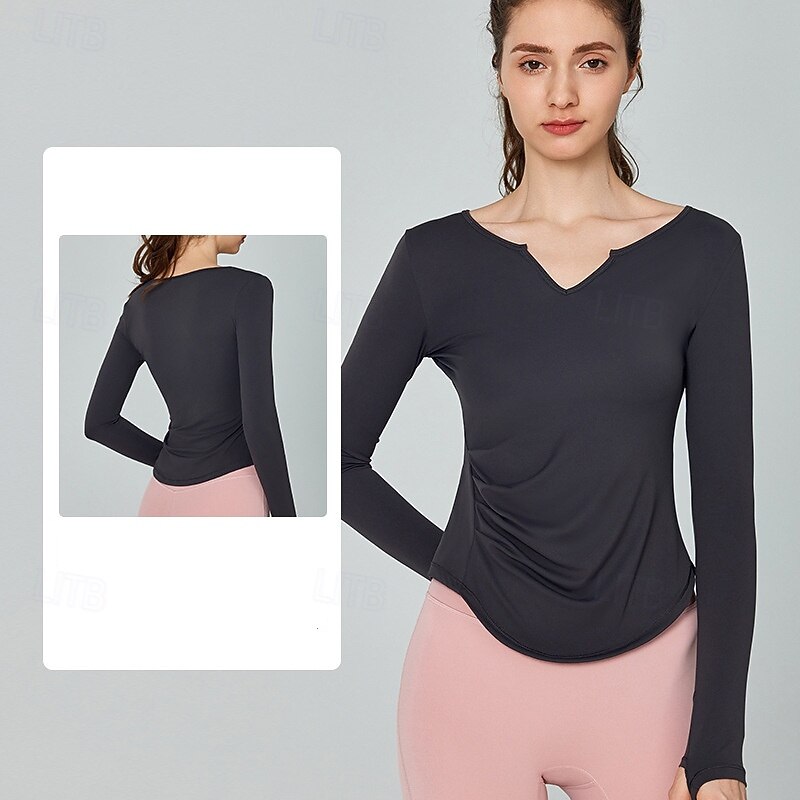 Women's Sports shirts V-neckline Skin Friendly Quick Dry Softness Loose Long Sleeve Sports Solid Color Top For Pilates Zumba Yoga Activewear