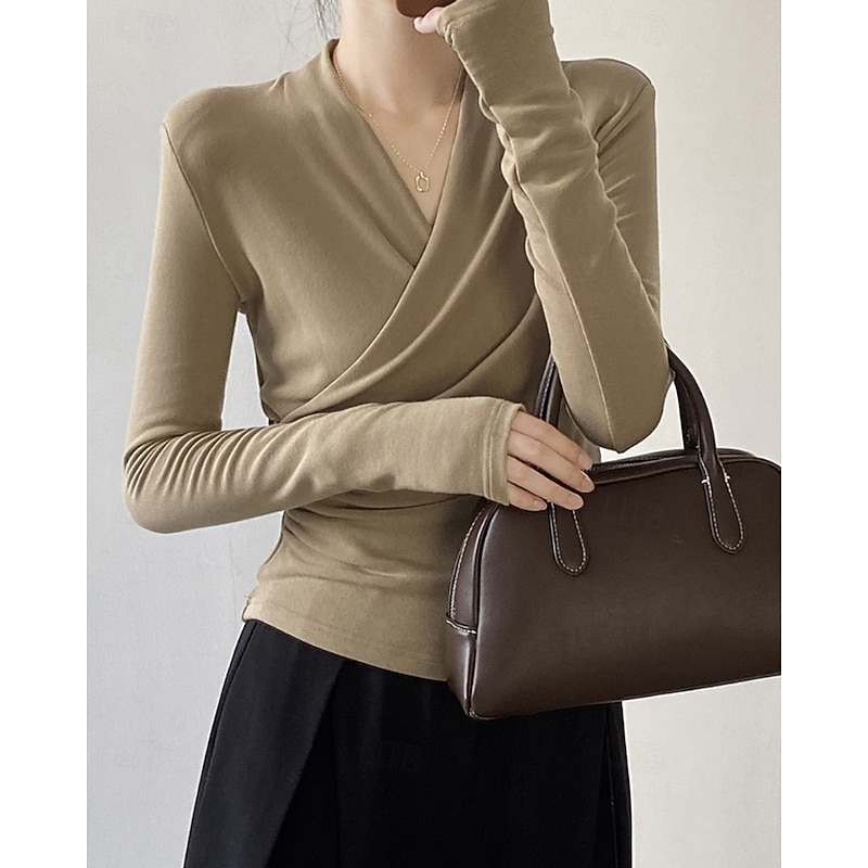 Women's Blouse Plain Modern Casual Long Sleeve V Neck Regular Tops Daily Holiday Ruched Black White Light Brown Fall
